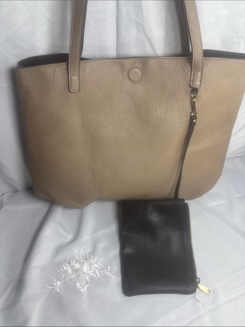 Classic Beige Tote Bag with Black Pouch